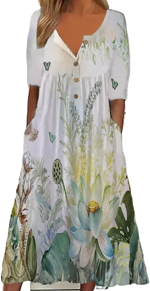 Akivide Women's Button Down V Neck Midi Tshirt Dress Plus Size Boho Summer Short Sleeve Beach Dresses with Pockets 2024