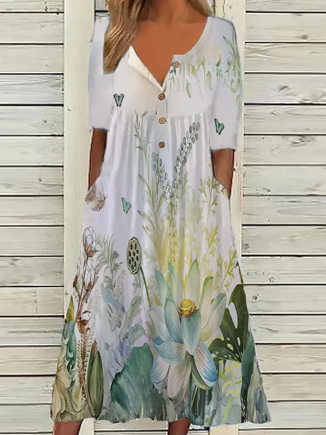 Akivide Women's Button Down V Neck Midi Tshirt Dress Plus Size Boho Summer Short Sleeve Beach Dresses with Pockets 2024