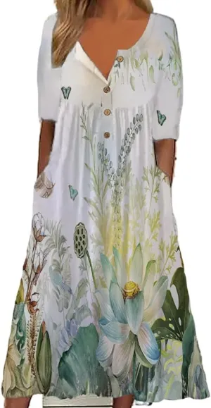 Akivide Women's Button Down V Neck Midi Tshirt Dress Plus Size Boho Summer Short Sleeve Beach Dresses with Pockets 2024