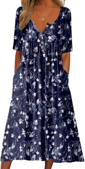 Akivide Women's Button Down V Neck Midi Tshirt Dress Plus Size Boho Summer Short Sleeve Beach Dresses with Pockets 2024