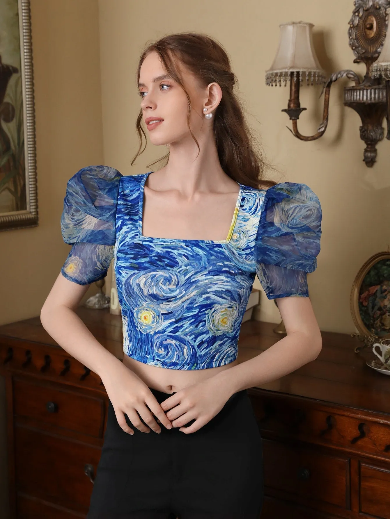 Allover Print Puff Sleeve Blouse