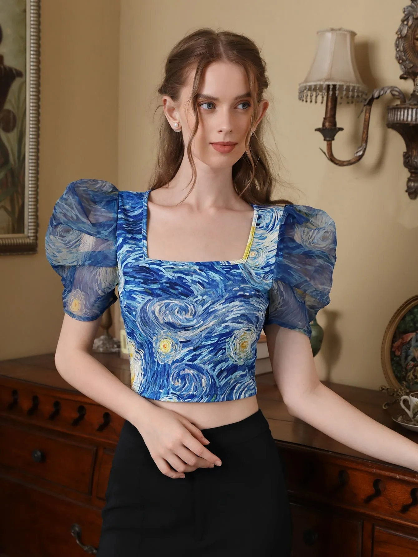 Allover Print Puff Sleeve Blouse