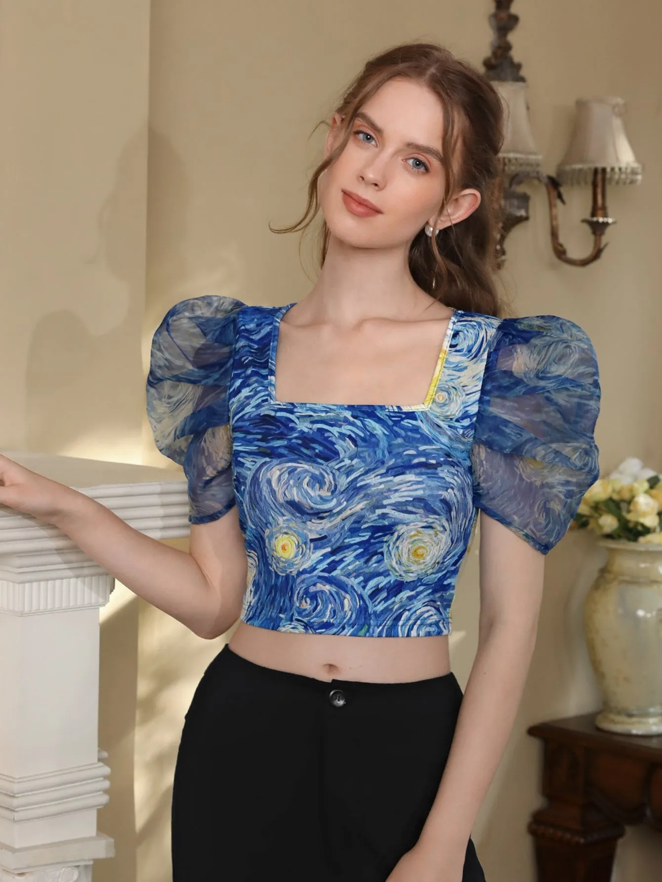 Allover Print Puff Sleeve Blouse