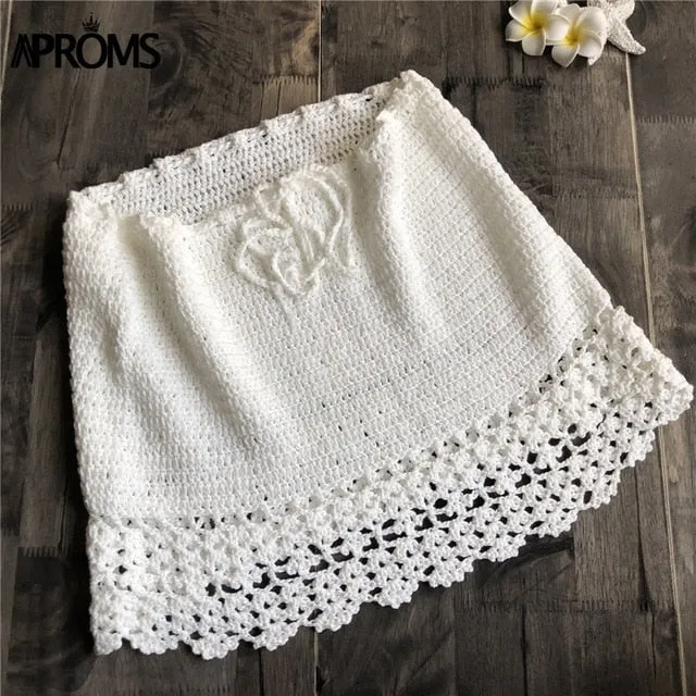 Aproms Elegant Handmade Cotton Crochet Mini Skirts Women Summer High Waist Bow Tie Skirt Ladies Beach Bikini Bottoms