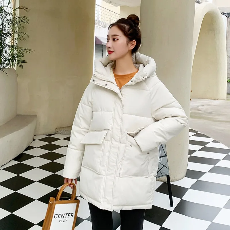 Autumn Winter Thicken Warm Medium Long Chic Parka Women Casual Sweety Solid Color Big Pocket Loose Hooded Coat Jackets Outwear
