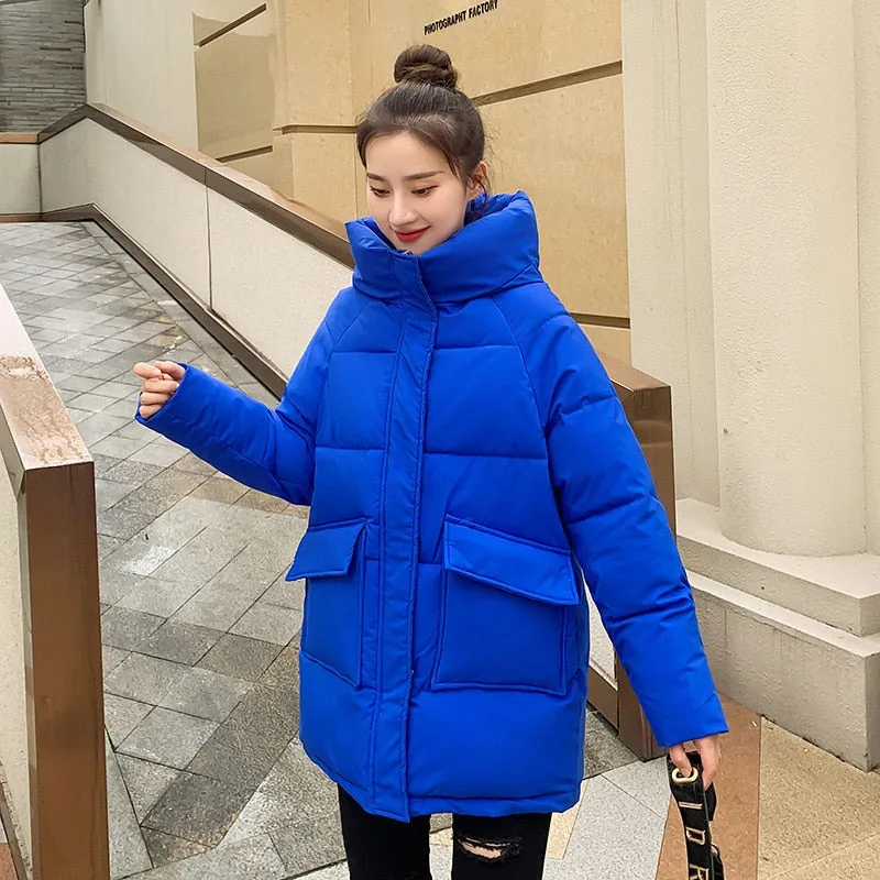 Autumn Winter Thicken Warm Medium Long Chic Parka Women Casual Sweety Solid Color Big Pocket Loose Hooded Coat Jackets Outwear