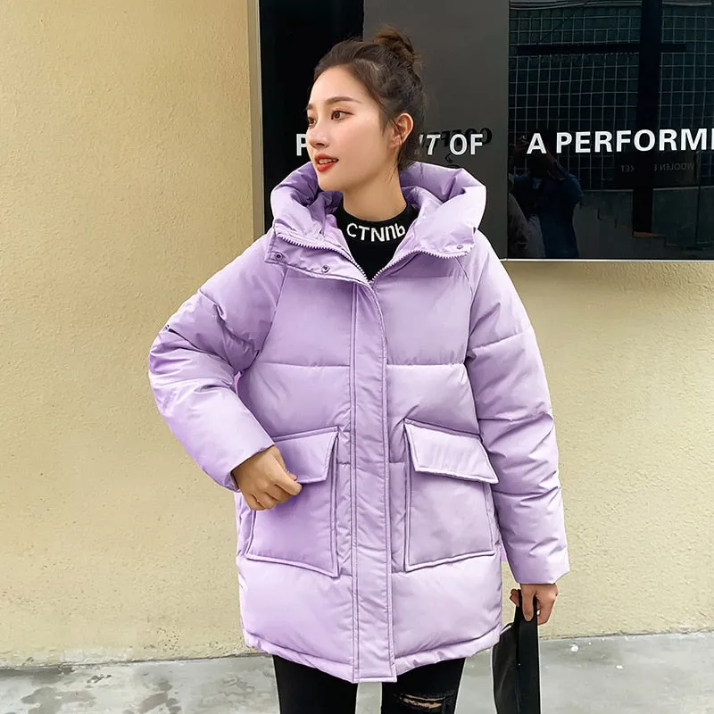 Autumn Winter Thicken Warm Medium Long Chic Parka Women Casual Sweety Solid Color Big Pocket Loose Hooded Coat Jackets Outwear