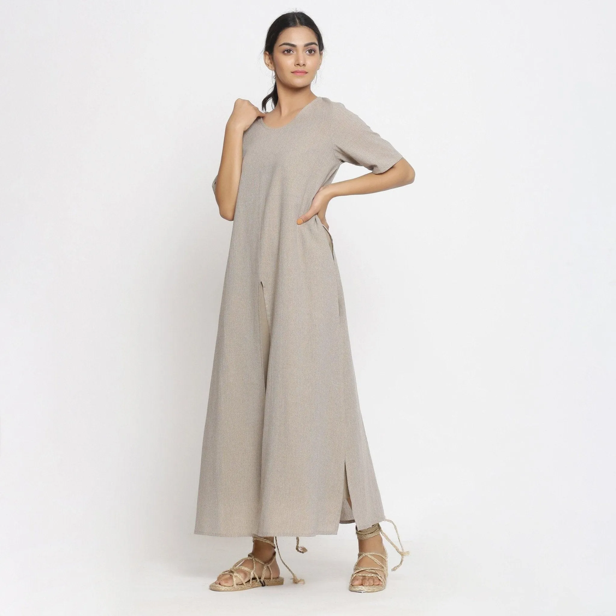 Beige Yarn Dyed 100% Cotton A-Line Maxi Slit Dress