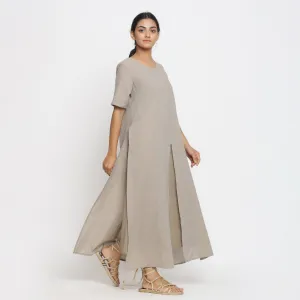 Beige Yarn Dyed 100% Cotton A-Line Maxi Slit Dress