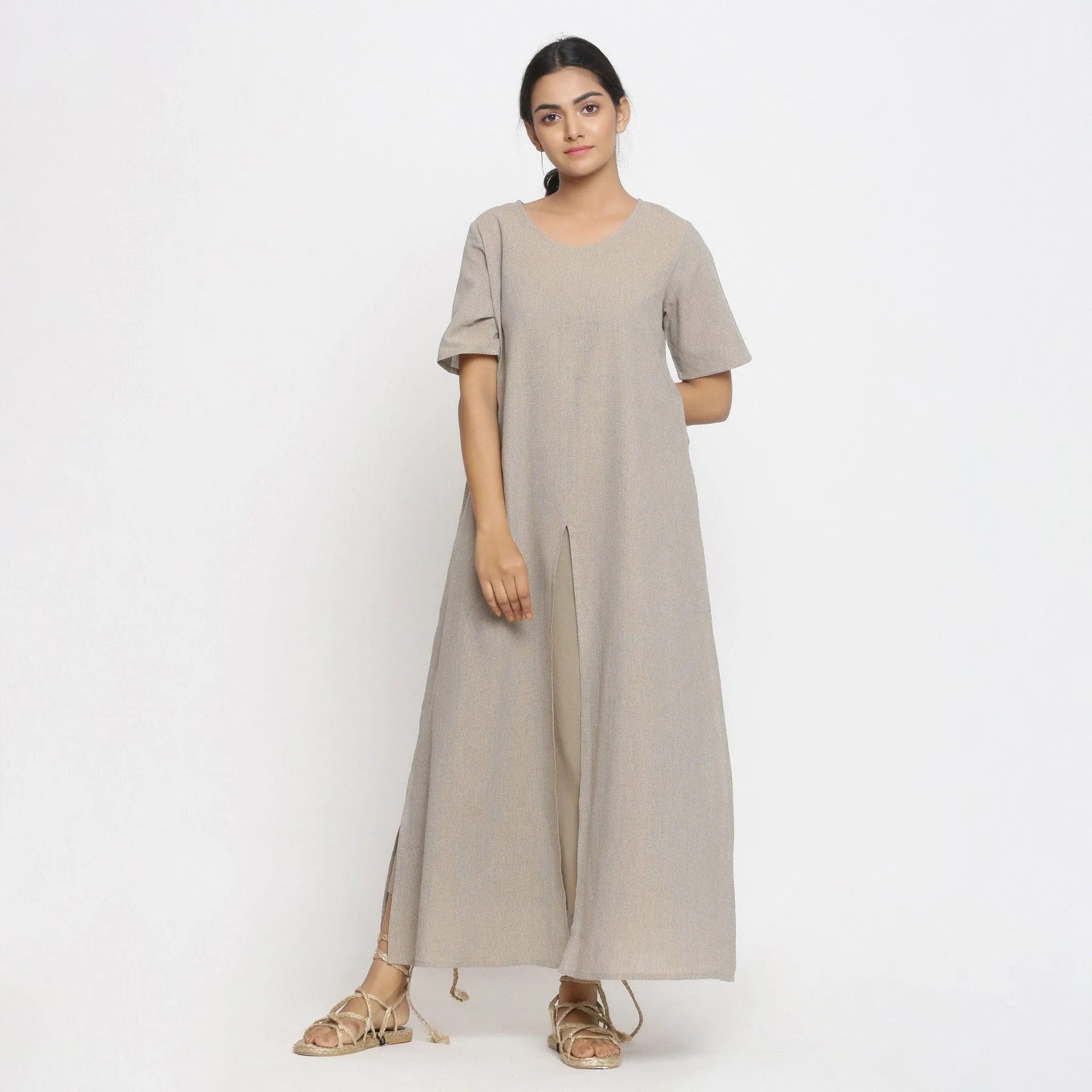 Beige Yarn Dyed 100% Cotton A-Line Maxi Slit Dress