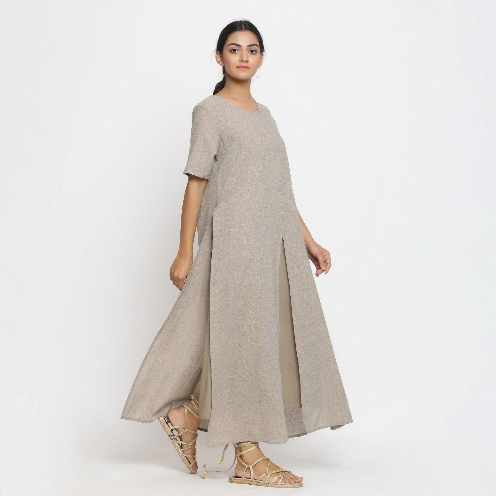 Beige Yarn Dyed 100% Cotton A-Line Maxi Slit Dress