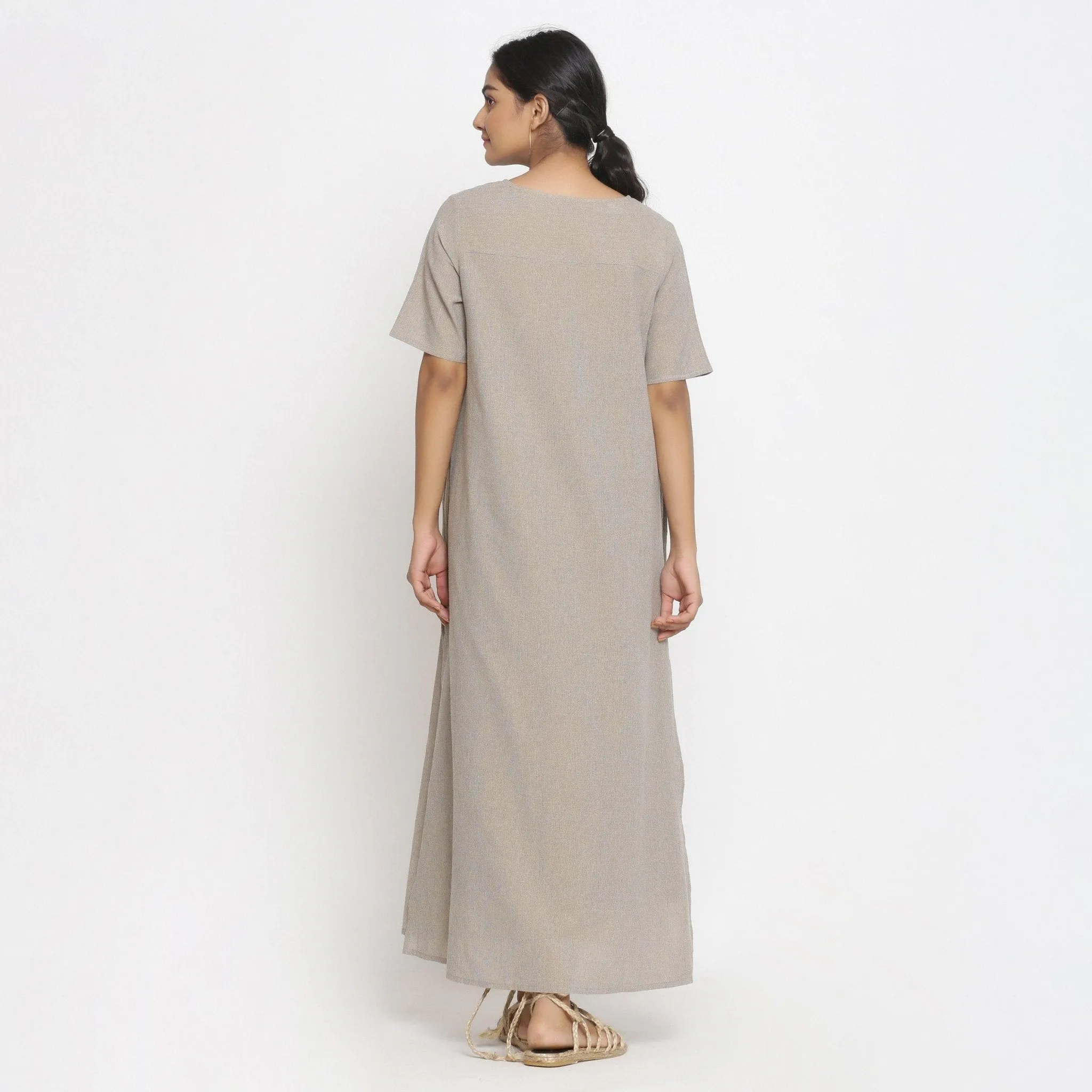 Beige Yarn Dyed 100% Cotton A-Line Maxi Slit Dress