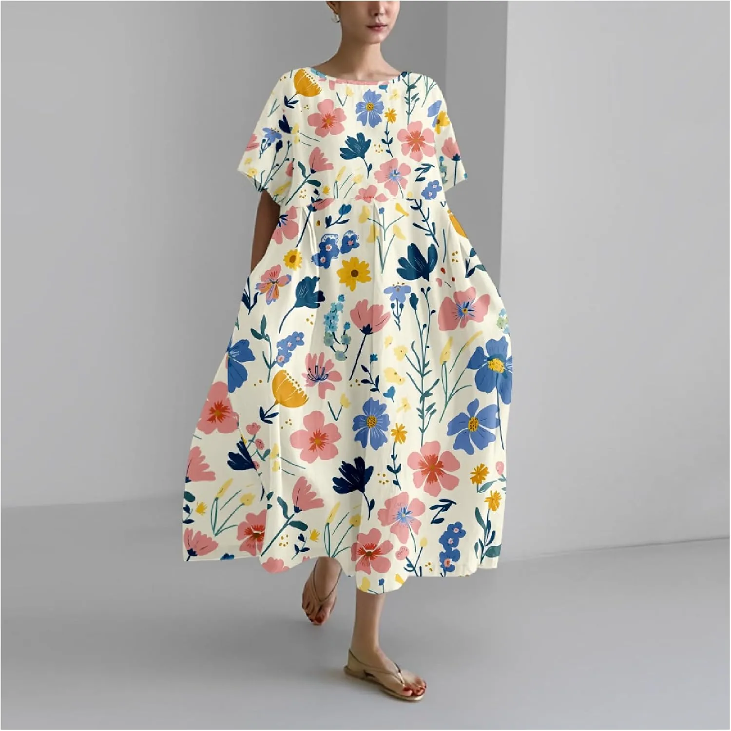 Bengbobar Boho Dresses for Women Flroal Maxi Dress Flowy Crew Neck Beach Art Dress Crewneck Linen Casua Summer Dresses
