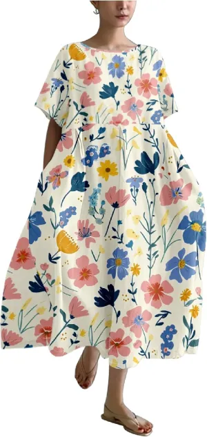 Bengbobar Boho Dresses for Women Flroal Maxi Dress Flowy Crew Neck Beach Art Dress Crewneck Linen Casua Summer Dresses