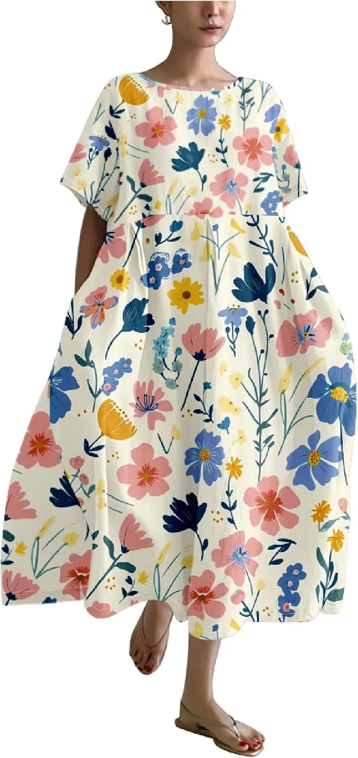 Bengbobar Boho Dresses for Women Flroal Maxi Dress Flowy Crew Neck Beach Art Dress Crewneck Linen Casua Summer Dresses
