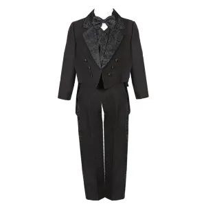 Big Boys Black 5 Piece Vest Pants Tail Jacket Jacquard Tuxedo Suit 8-14