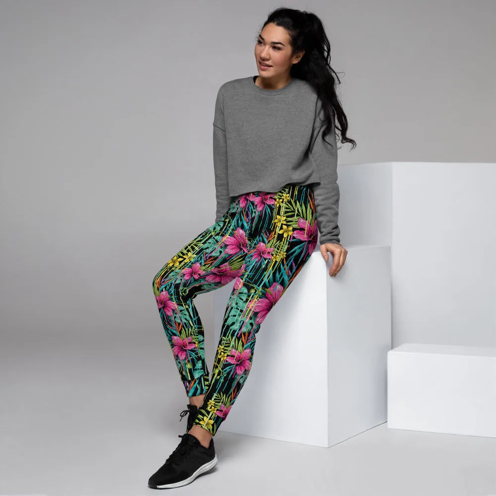 Black Pink Floral Women's Joggers, Tropical Leaf Print Casual Best Sweatpants-Made in EU