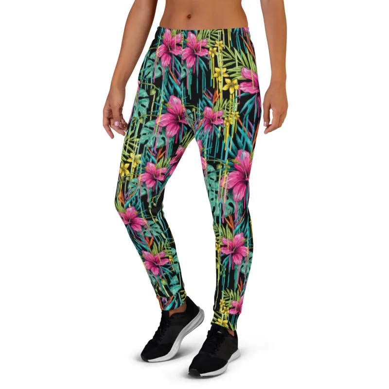 Black Pink Floral Women's Joggers, Tropical Leaf Print Casual Best Sweatpants-Made in EU