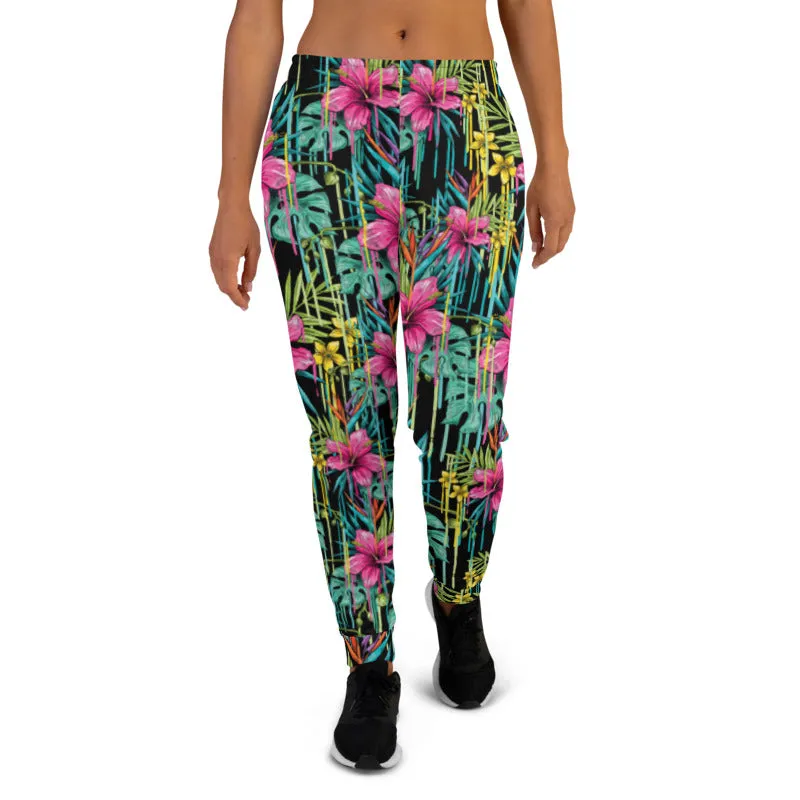 Black Pink Floral Women's Joggers, Tropical Leaf Print Casual Best Sweatpants-Made in EU