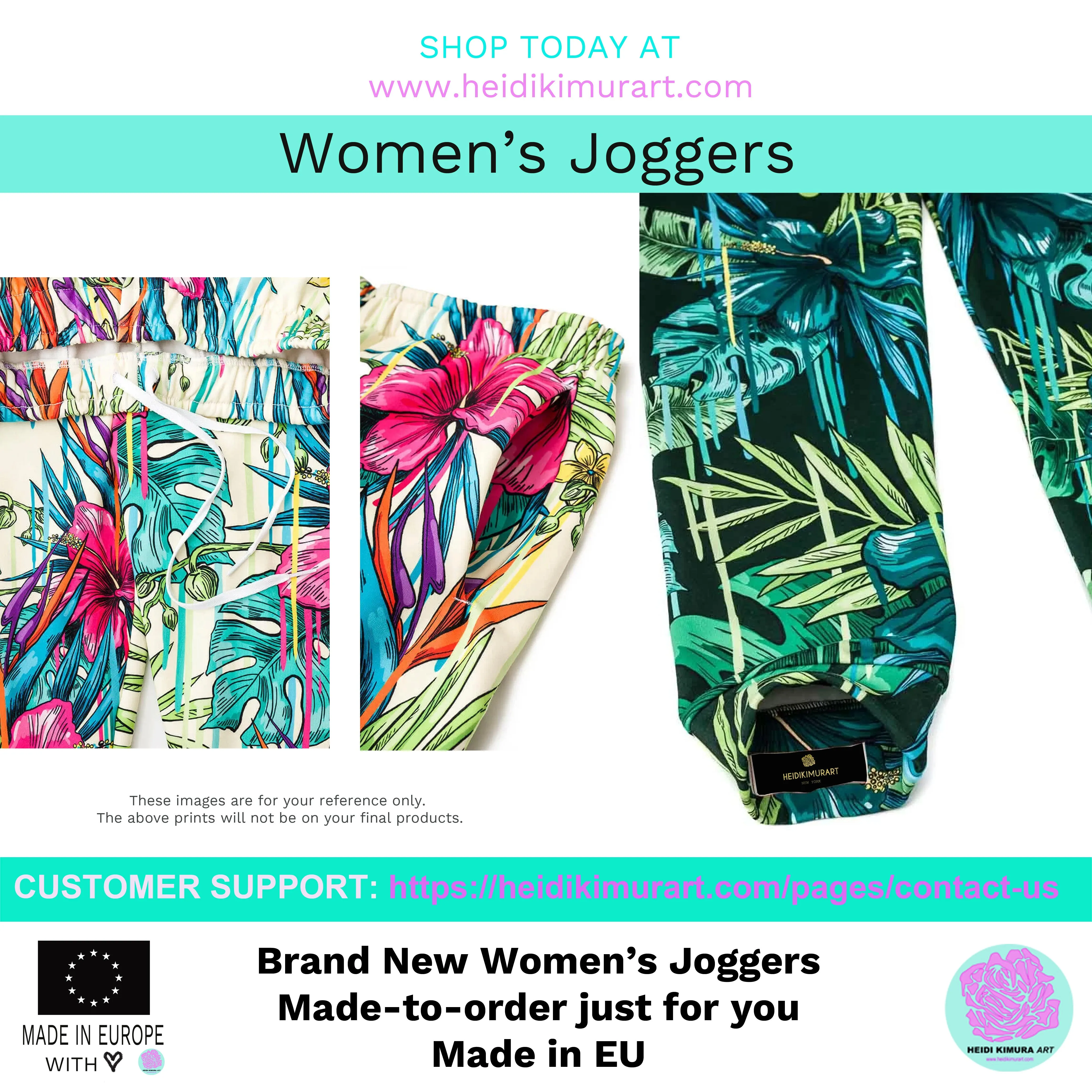 Black Pink Floral Women's Joggers, Tropical Leaf Print Casual Best Sweatpants-Made in EU