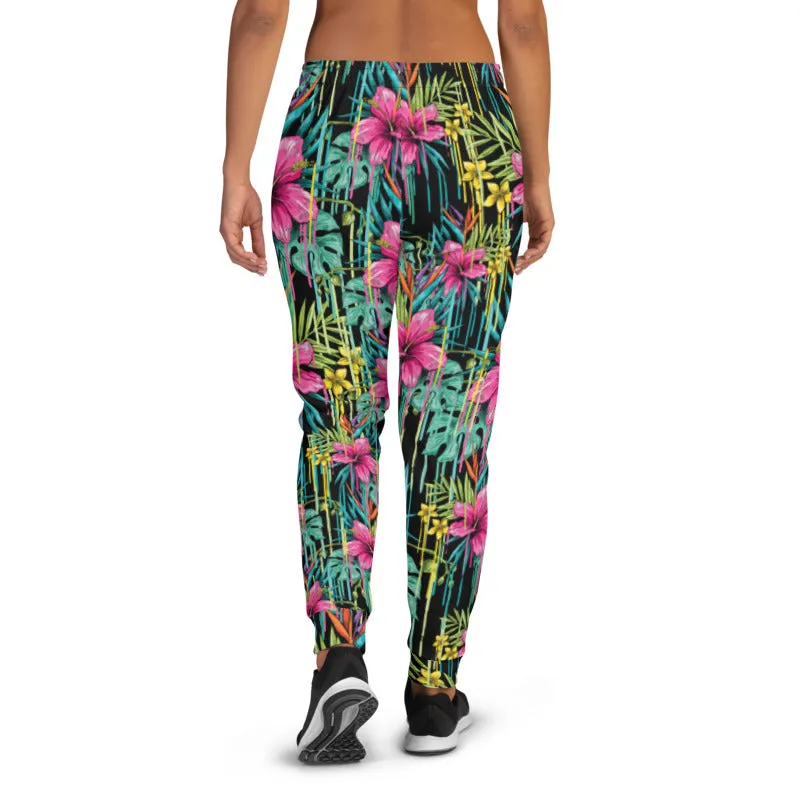 Black Pink Floral Women's Joggers, Tropical Leaf Print Casual Best Sweatpants-Made in EU