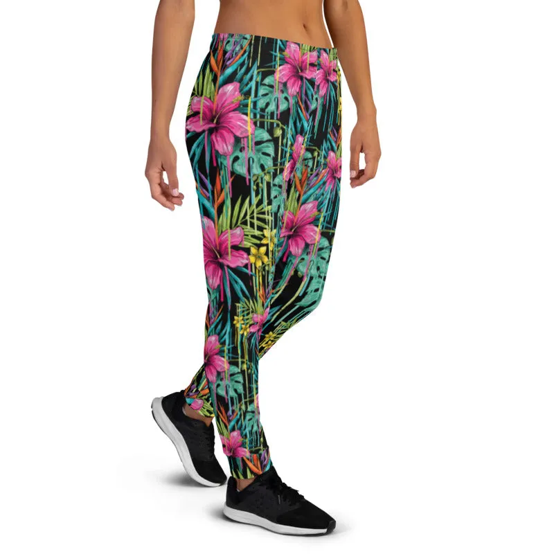 Black Pink Floral Women's Joggers, Tropical Leaf Print Casual Best Sweatpants-Made in EU