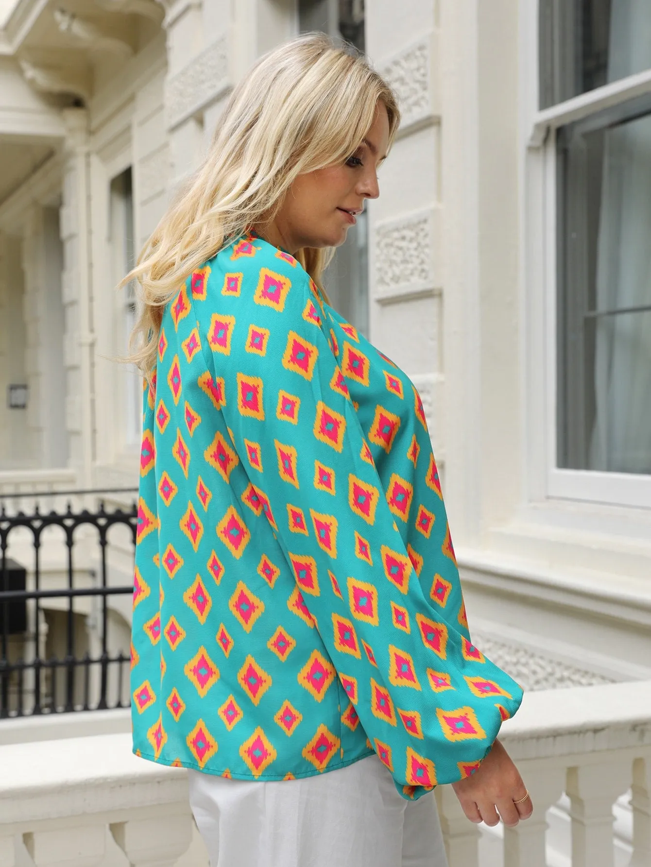 Boho All Over Print Knot Long Sleeve Stand Collar Regular Plus Size Blouse