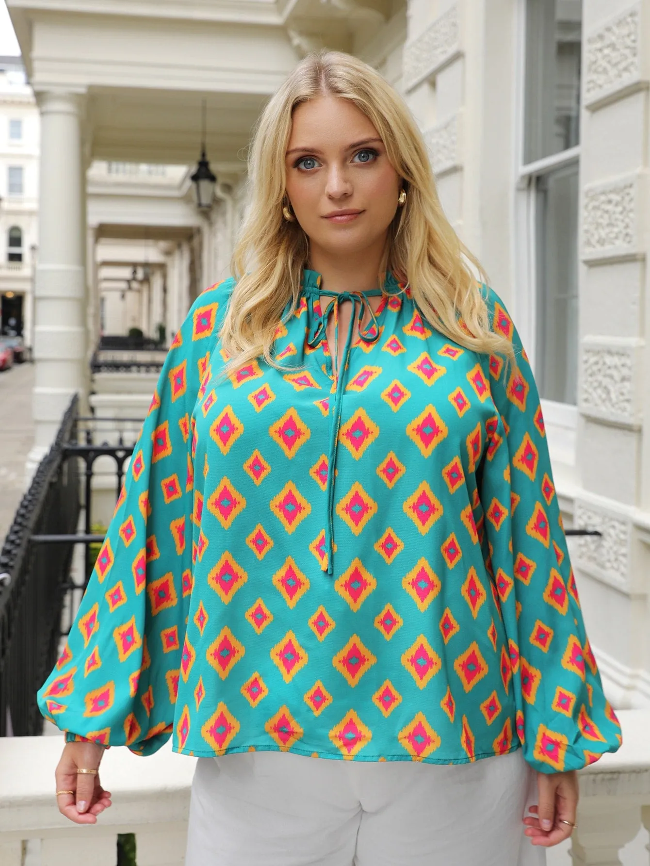 Boho All Over Print Knot Long Sleeve Stand Collar Regular Plus Size Blouse