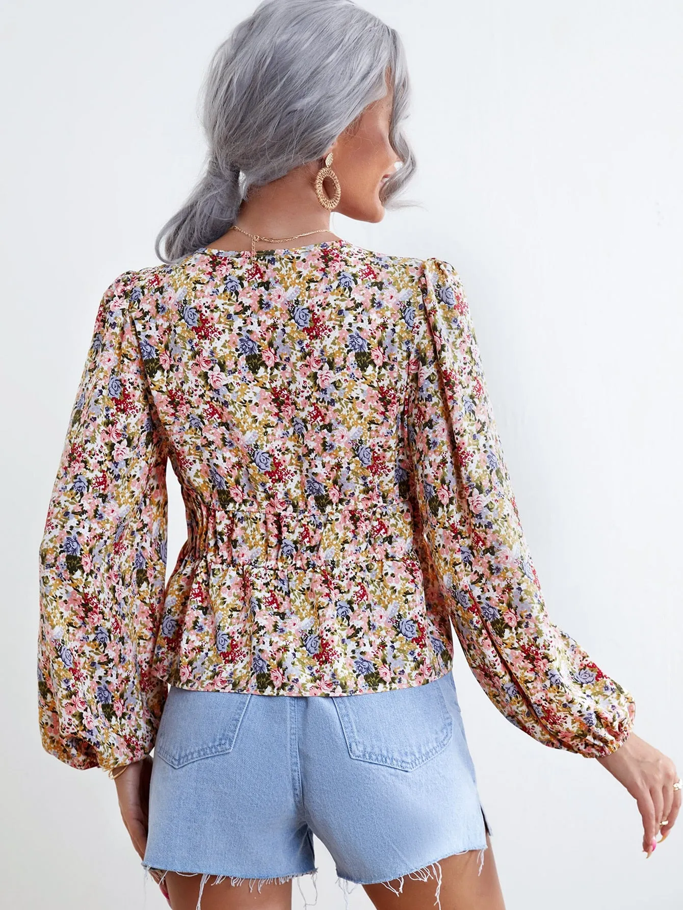 Boho Ditsy Floral Tie Front Long Sleeve Deep V Neck Flared Regular Women Top