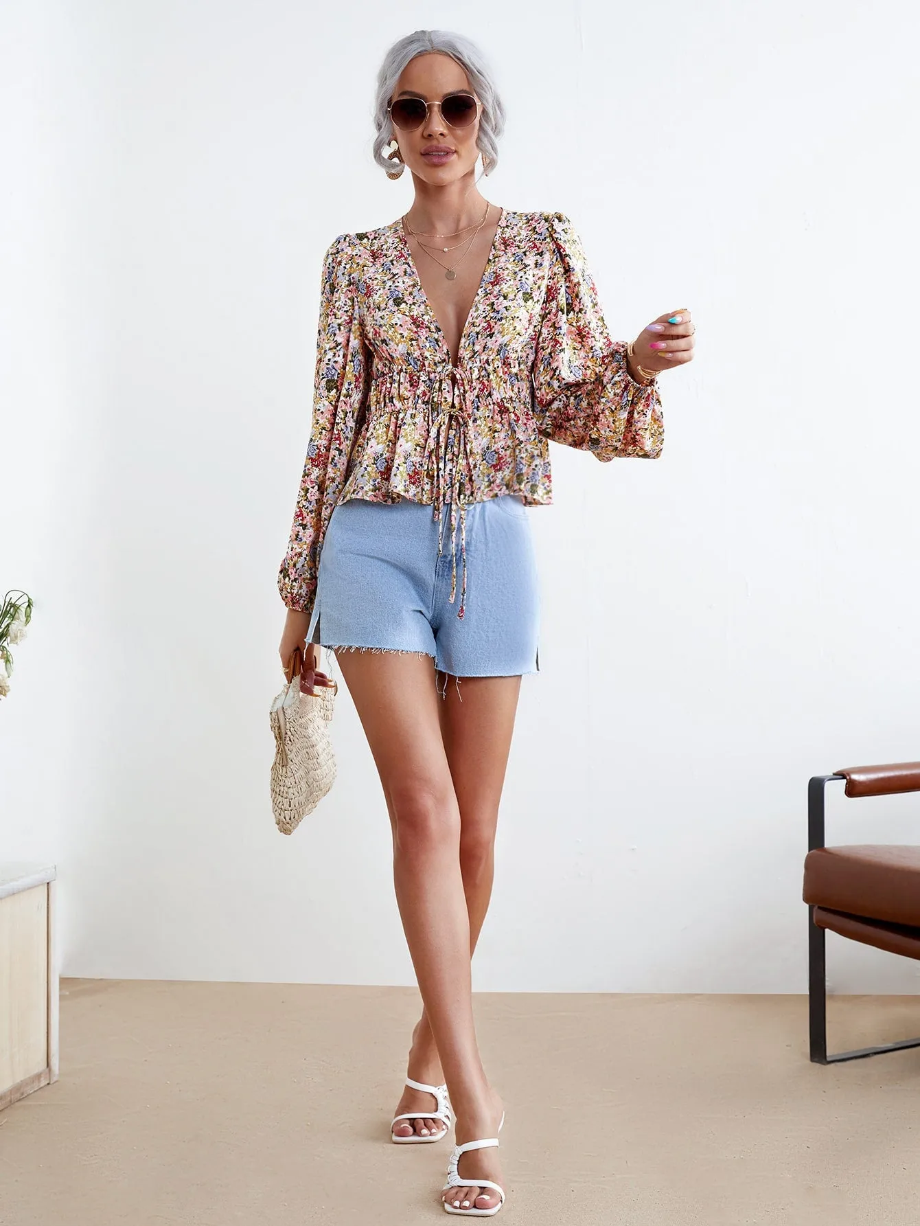 Boho Ditsy Floral Tie Front Long Sleeve Deep V Neck Flared Regular Women Top