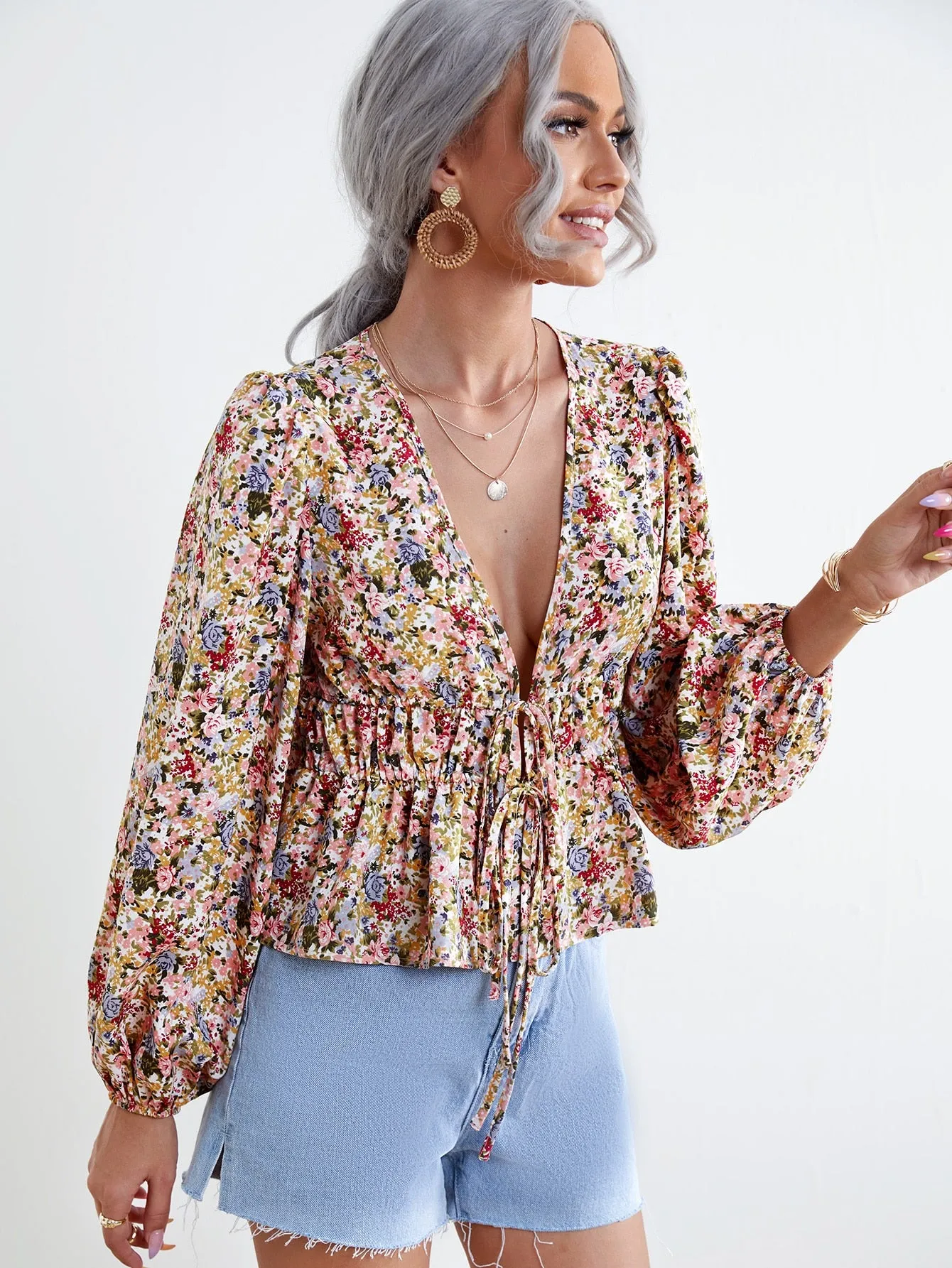 Boho Ditsy Floral Tie Front Long Sleeve Deep V Neck Flared Regular Women Top