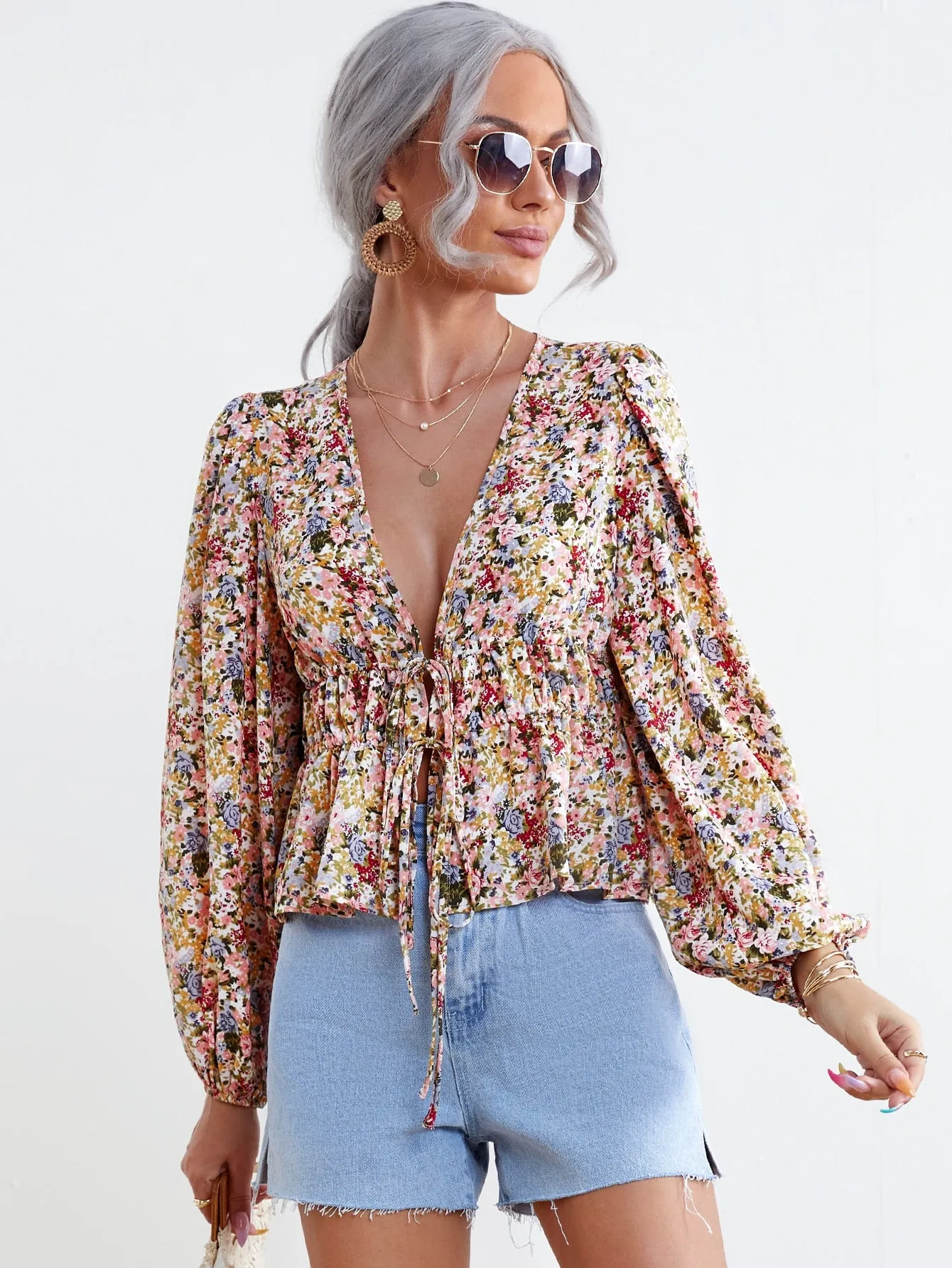 Boho Ditsy Floral Tie Front Long Sleeve Deep V Neck Flared Regular Women Top