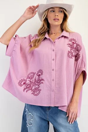 Bouquet Embroidered Gauze Button Down Top - Curvy Available