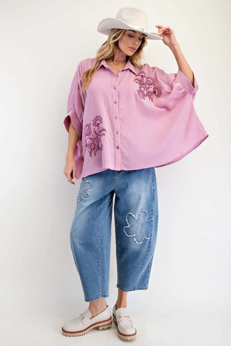 Bouquet Embroidered Gauze Button Down Top - Curvy Available