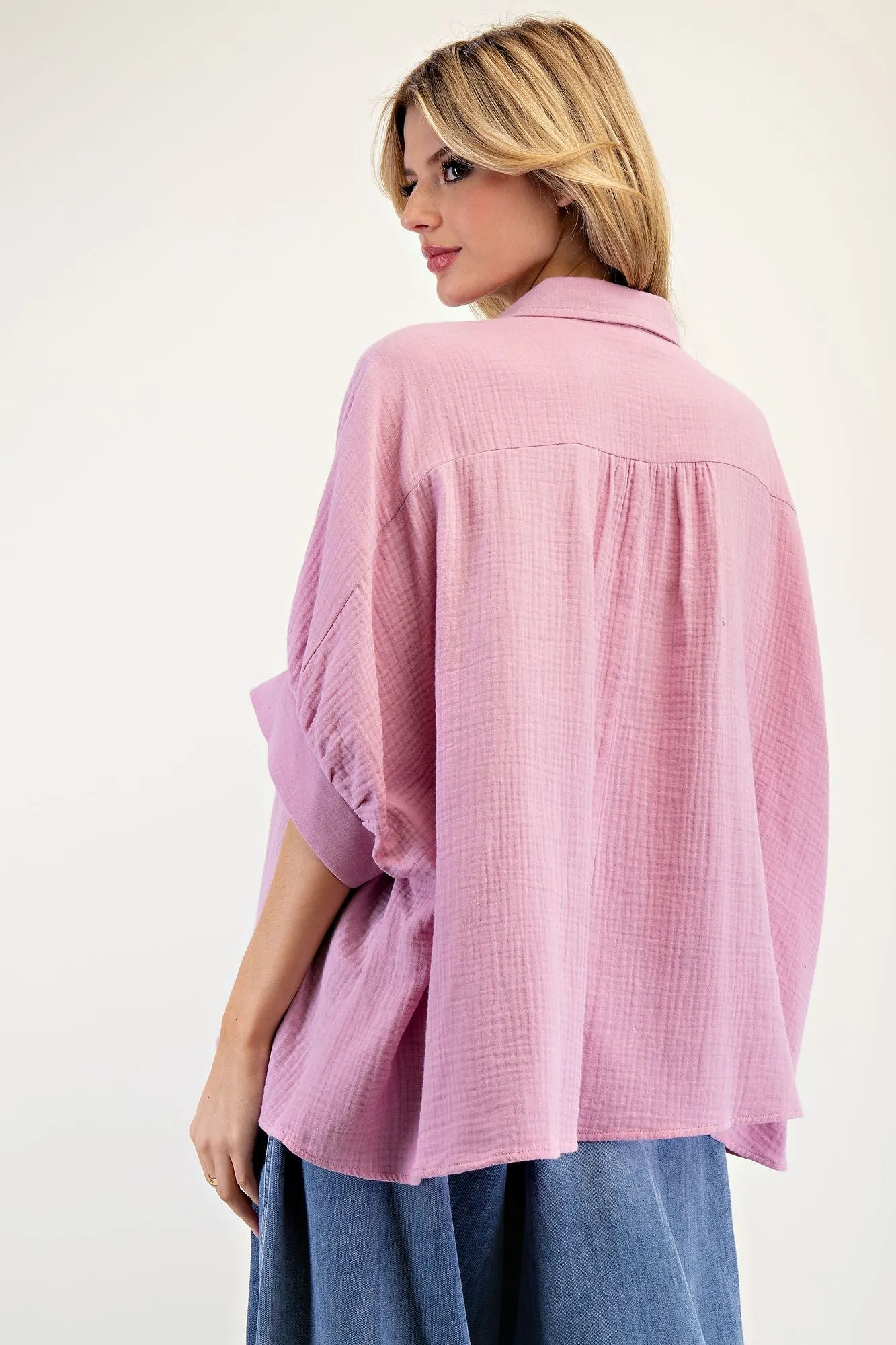 Bouquet Embroidered Gauze Button Down Top - Curvy Available