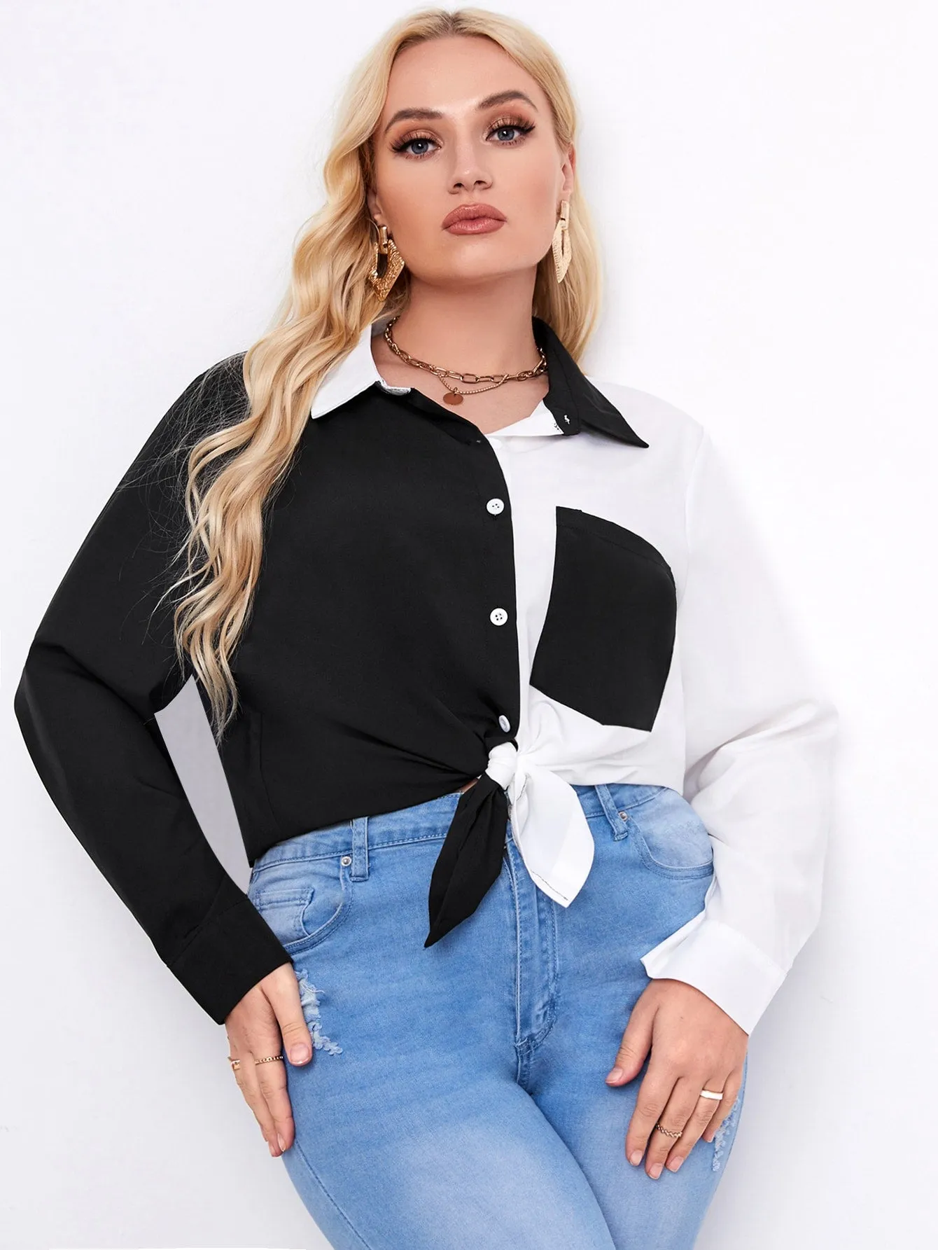 Colorblock Button Front Long Sleeve Collar Regular Plus Size Blouse