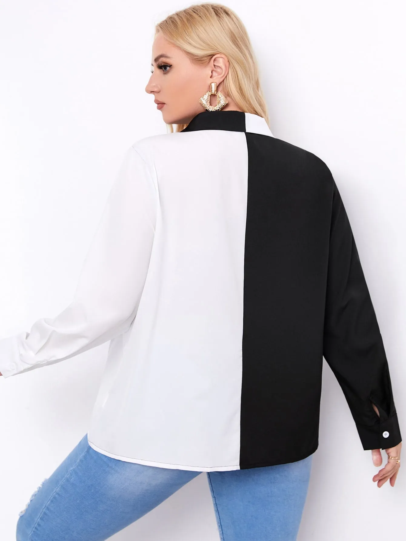 Colorblock Button Front Long Sleeve Collar Regular Plus Size Blouse