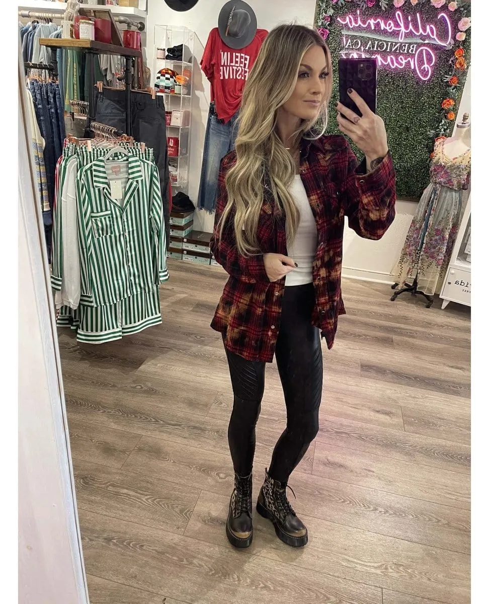 Distressed Flannel Hoodie Red