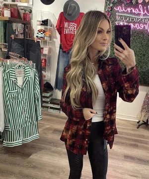 Distressed Flannel Hoodie Red