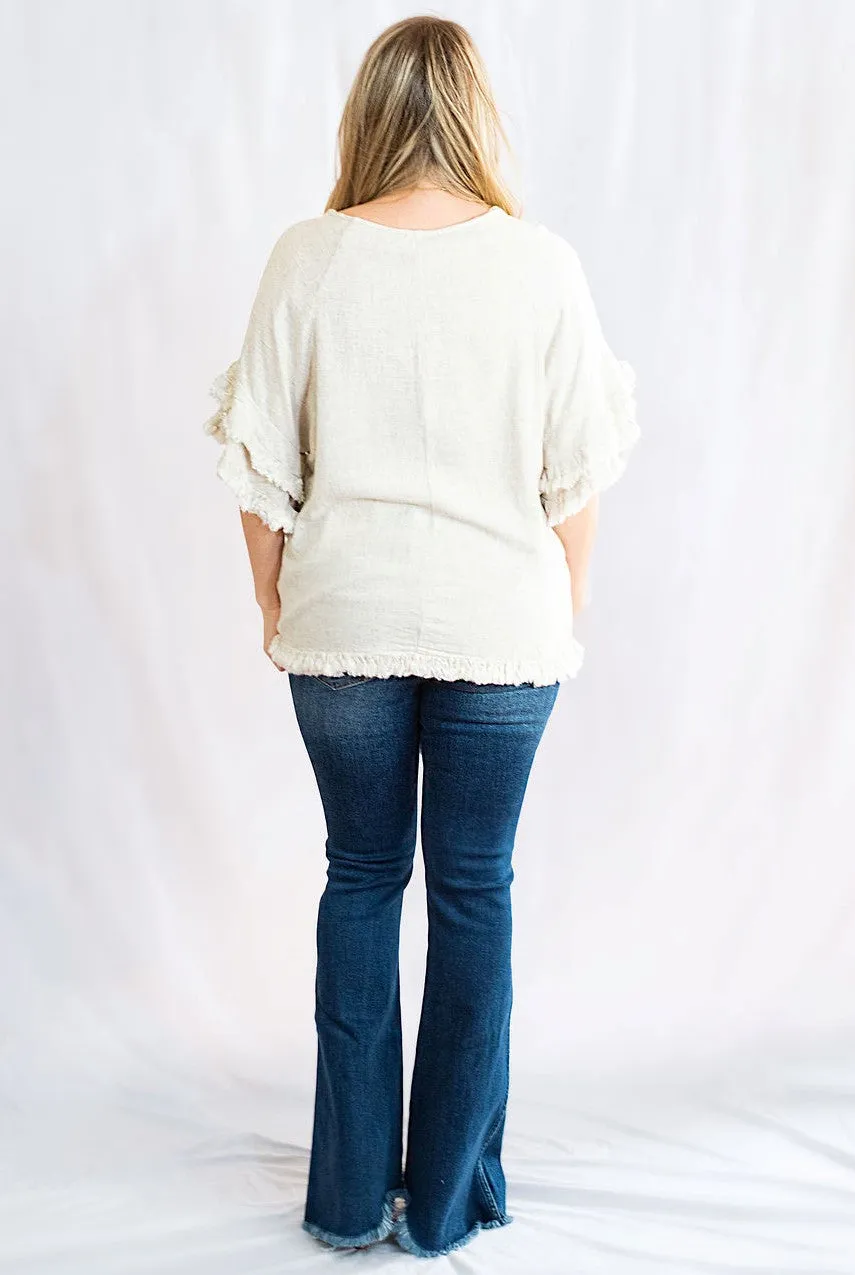 Double Ruffle Sleeve Linen Tunic Top with Frayed Hem by Umgee Clothing