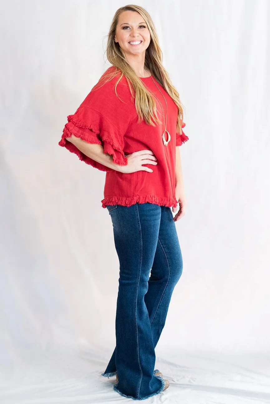 Double Ruffle Sleeve Linen Tunic Top with Frayed Hem by Umgee Clothing