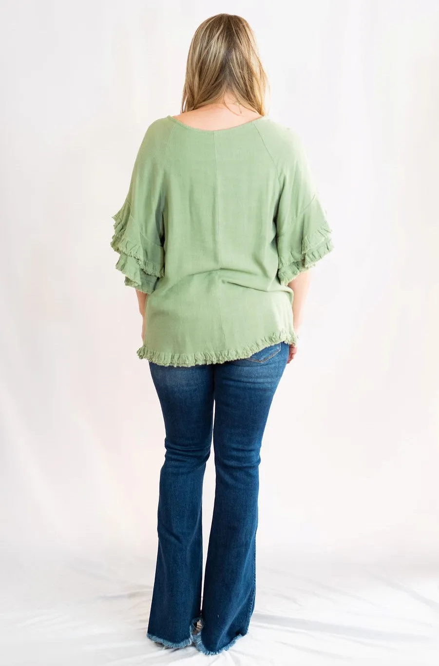Double Ruffle Sleeve Linen Tunic Top with Frayed Hem by Umgee Clothing