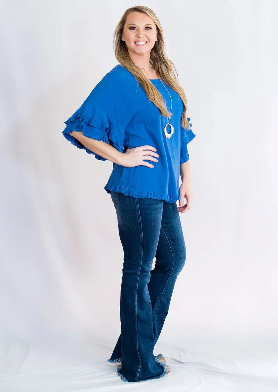 Double Ruffle Sleeve Linen Tunic Top with Frayed Hem by Umgee Clothing