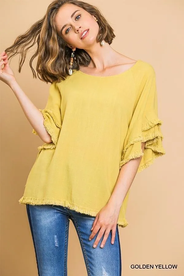 Double Ruffle Sleeve Linen Tunic Top with Frayed Hem by Umgee Clothing