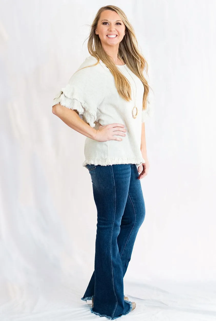 Double Ruffle Sleeve Linen Tunic Top with Frayed Hem by Umgee Clothing
