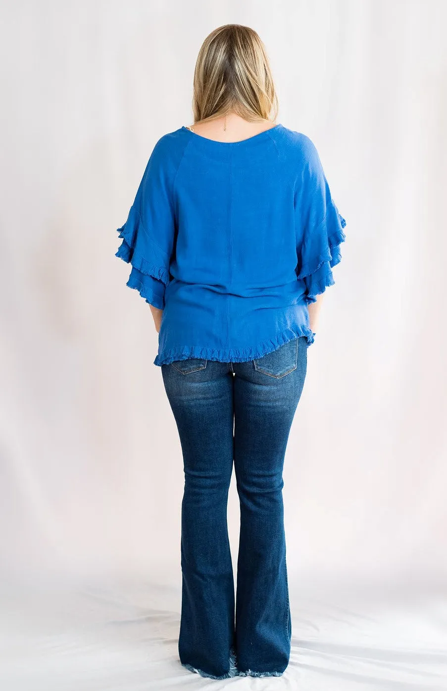 Double Ruffle Sleeve Linen Tunic Top with Frayed Hem by Umgee Clothing