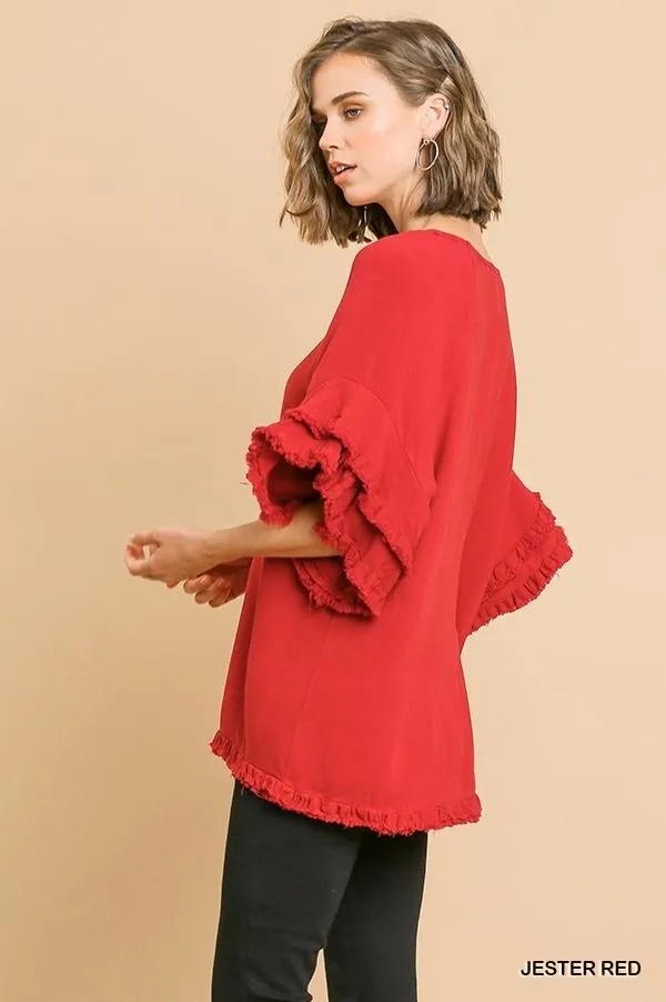 Double Ruffle Sleeve Linen Tunic Top with Frayed Hem by Umgee Clothing