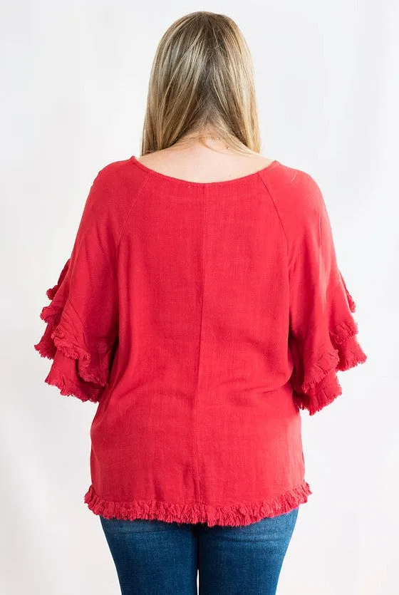 Double Ruffle Sleeve Linen Tunic Top with Frayed Hem by Umgee Clothing