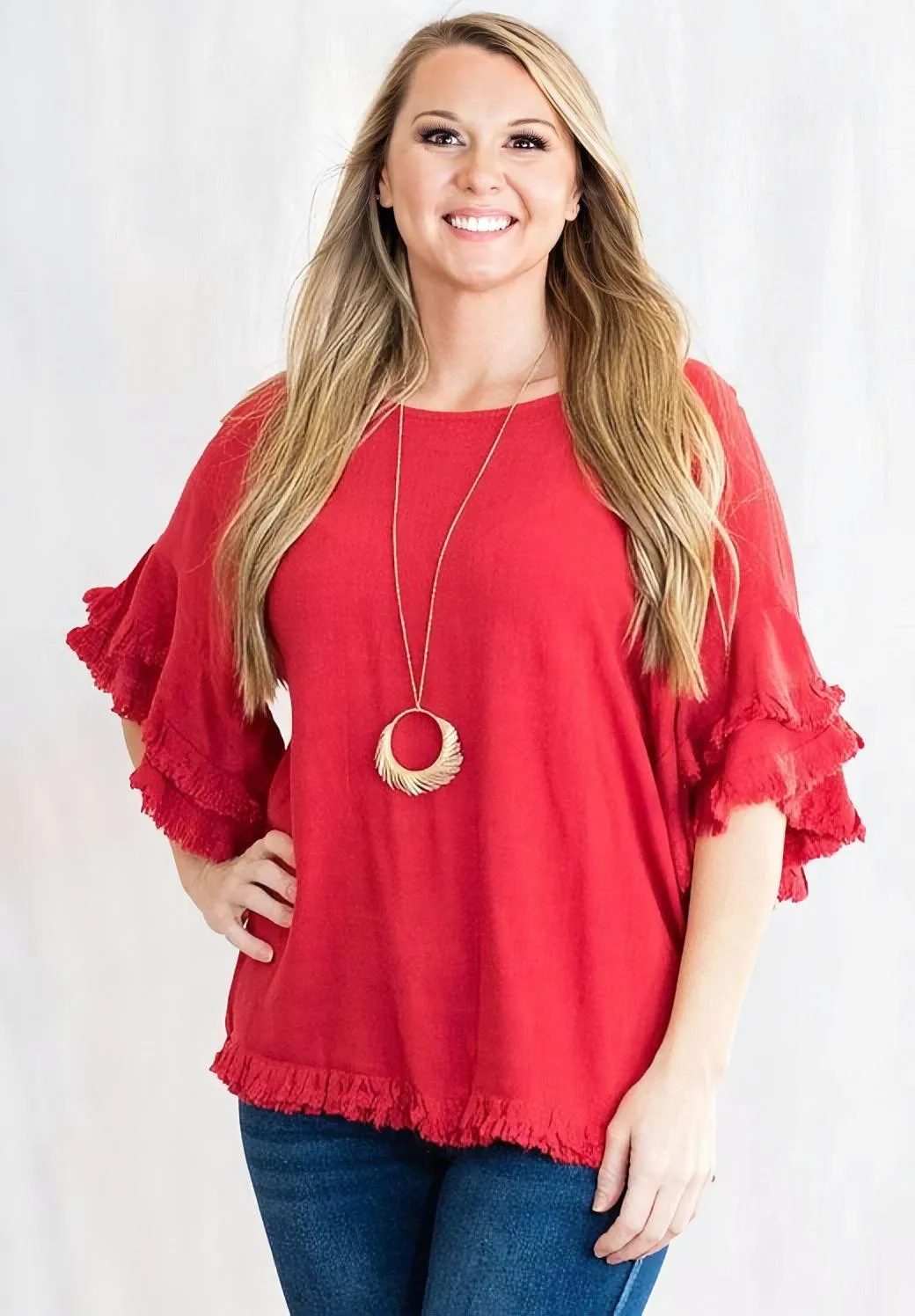 Double Ruffle Sleeve Linen Tunic Top with Frayed Hem by Umgee Clothing