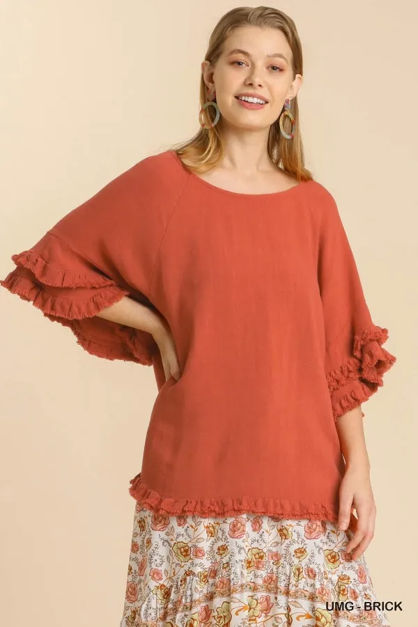 Double Ruffle Sleeve Linen Tunic Top with Frayed Hem by Umgee Clothing